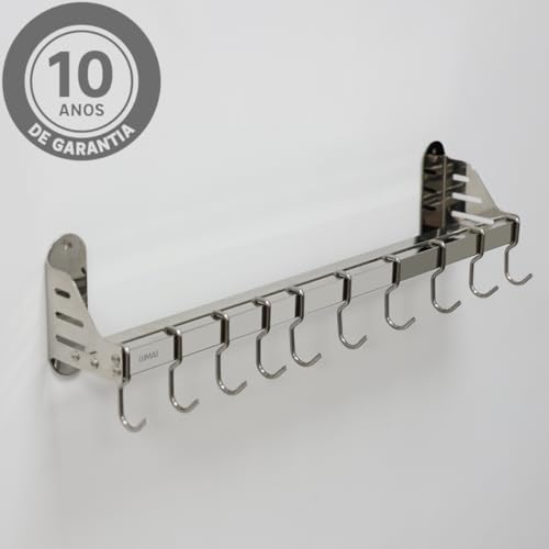Lumai Suporte De Parede Cozinha com 10 Ganchos Móveis e Prateleira de Aço Inox 304 Para Pendurar Organizar Utensilios De Cozinha, Temperos, Facas e Panelas