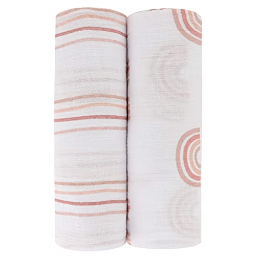 Ely's & Co. Cotton Muslin Swaddle Blanket 2-Pack for Baby Girl — 100% Cotton Muslin Extra-Large Swaddle Blankets (47” x 47”) Dusty Rose Stripes | Rainbows