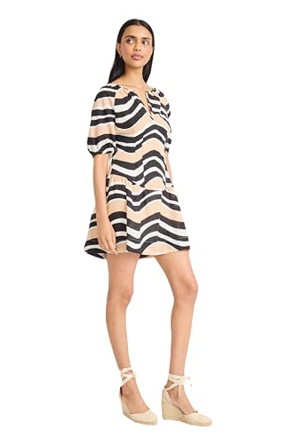 THE GOOD JOURNEY WOMEN’S TIERED MINI-ELEGANT SPLIT NECKLINE PUFF SLEEVE A-LINE DRESS WITH SEMI-SHEER TEXTURE FOR SPECIAL OCCASIONS, BLACK/TAN