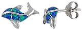 Sterling Silver, Synthetic Opal Dolphin Stud Earrings, 9/16"