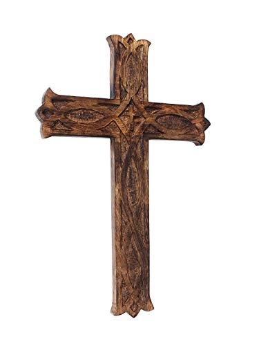 S.B.ARTS Wooden Wall Cross Plaque 12" Medium Hanging with Hand Carvings Religious Altar Home Living Room Decor
