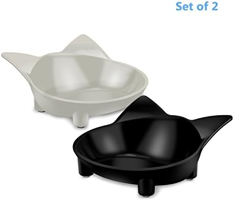 AEMIAO Melamine Shallow Cat Food Bowl Wide Mouth Cat Dishes, Non Slip Cat Feeding Bowls Cute Kitten Bowls for Relief of Whisker Cats (Set of 2) - Grey/Black