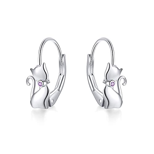 Cat Earrings 925 Sterling Silver Cat Dangle Hoop Earrings,Cats Jewellery Gift for Women,Girls (A Cat earrings with purple cz) — image 1