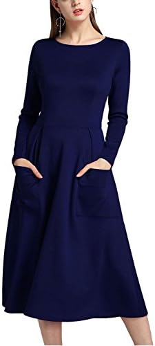 Ebizza Womens Long Sleeve Fit And Flare Casual Midi Skater Dress With Pockets