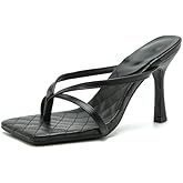 Proptmina Women's Strappy Thong Heeled Sandals Slip On Stiletto Heels Flip Flops Square Open Toe T Strap High Heel Sandals Slide Summer Dressy Sandals