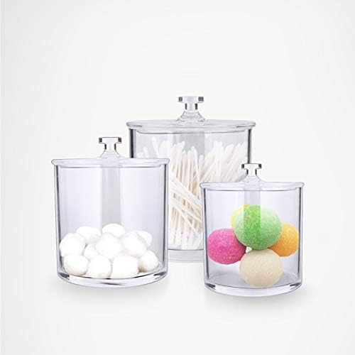 Much Premium Acrylic Apothecary Jars Clear Plastic Bathroom Canisters with Lid Storage Organizer for Cotton Ball Swab Q-Tips Rounds Bath Bomb Salts (Set of 3)