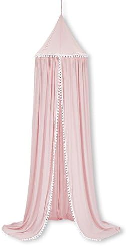Frideko Kids Canopy, Cotton Princess Bed Canopy Mosquito Net for Baby with PomPom and Round Dome Height 240cm / 94.9 inch (Pink)