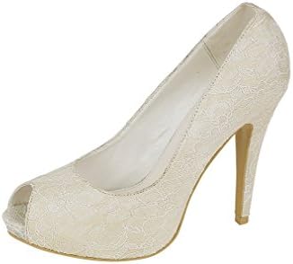 Krasceva Ladies Womens Ivory Satin & Floral Lace Peep Toe High Heel Shoes