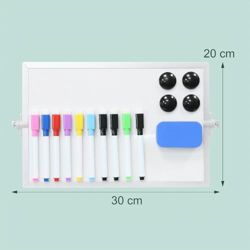 Whiteboard Tisch, 20x30 cm, magnetisch, 360° drehbar, mit Stiften, Magneten, Schwamm, Magnettafel, weiß/silber