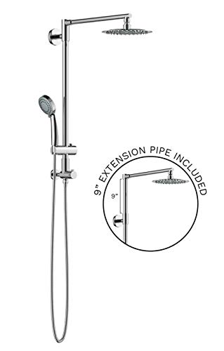 Polaris III Retrofit Rain Shower System, 3-Setting Handheld Shower Combo with Slide Bar, 8" Low Profile Shower Head for Low-Ceiling Bathrooms, 9-Inch Vertical Extension Pipe (Chrome)