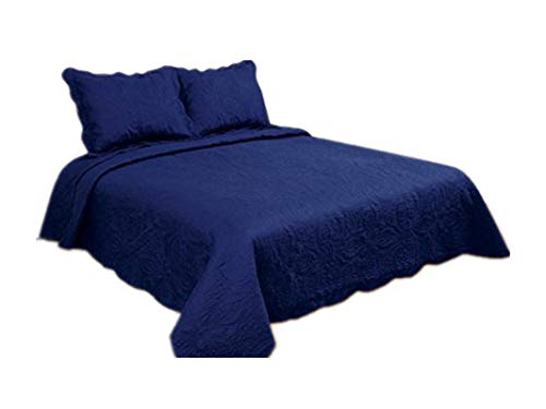 ALL FOR YOU 3-Piece Reversible Bedspread/Coverlet / Quilt Set with Embroideries (Navy, Full/Queen)