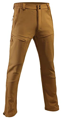 Men's Warm Fleece Lined Pants Softshell Outdoor Hiking Ski Water Resistant Windproof Trousers Brown