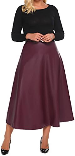 Womens Plus Size High Waist Flared A Line Swing Maxi Leather Skirt for Party Casual
