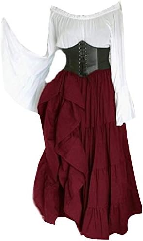discountstore145 Beautiful Dress,Medieval Vintage Gothic Elegant Off Shoulder Sleeve Corset Medieval Layered Maxi Dress for Party Evening Wine Red M