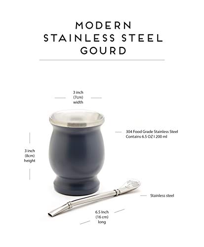 Balibetov [NEW] double wall Stainless Steel Yerba Mate Gourd set (Mate cup) with Yerba Mate Bombilla (Grey)