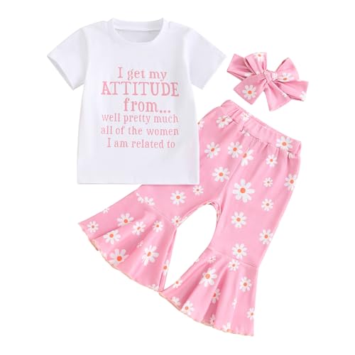 TODDLER BABY GIRL CLOTHES SHORT SLEEVE LETTER PRINT T-SHIRT TOPS FLOWER FLARE PANTS 3PCS BELL BOTTOMS OUTFITS (PINK, 2-3 YEARS)