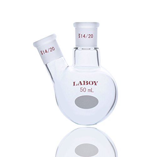 Laboy HMF011305 Glass 50 mL 2 Neck Round Bottom Boiling Flask with 14/20 Center and Side Joint Angled