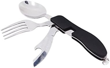 LOLOAJOY 4 in 1 Outdoor Camping Utensil Mutil-function Stainless Steel Fork Knife Spoon Bottle Opener Set Black