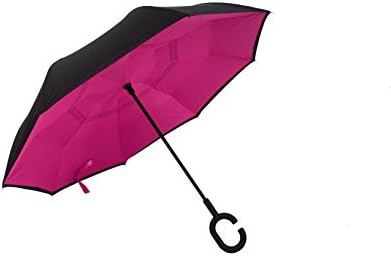 Double Layer Inverted Umbrella Cars Reverse folding Umbrella Windproof UV Protection Big Straight Umbrella for Car Rain &amp;Sun Outdoor With C-Shaped Handle Travel Umbrella (Rose red)