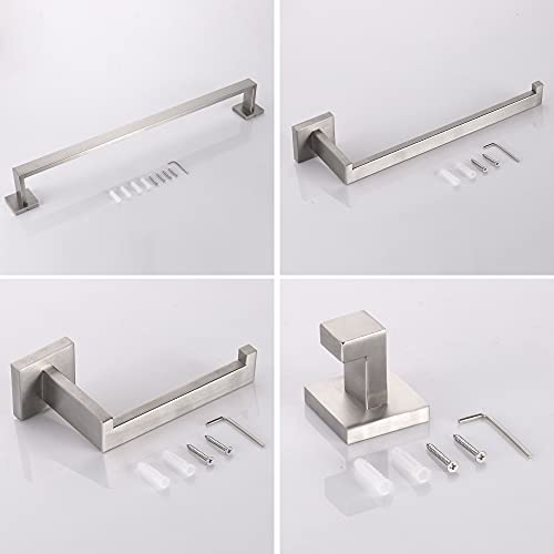 DUFU 4 Piece Towel Rail Set of Bathroom Hardware Wall Mounted for Towels, 40 cm, Towel Holder and Toilet Paper, Hooks SUS304 Stainless Steel Silver Brushed
