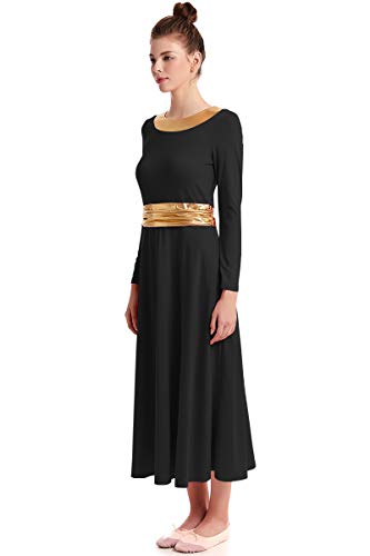 HIHCBF Women Long Sleeve Praise Dress Liturgical Metallic Waistband Full Length Wide Swing Loose Fit Worship Dancewear Black XL - Thumbnail 2