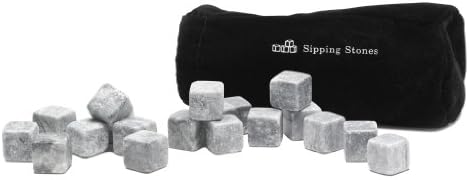Whiskey Stones Gift Set - Set of 18 Grey Beverage Chilling Rocks in Gift Box with Velvet Freeze Bag - 100% Pure Soapstone Reusable Liquor and Wine Drinking Cubes - Great Valentine's Day Gift for Him