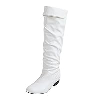 Goldweather Women Knee High Boots Ladies Winter Round Toe High Tube Flat Heels Riding Boots (US:7, White)