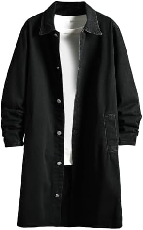 Akklian Mens Long Denim Trench Coat Classic Lapel Button Down
