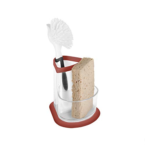TAKYL HOME Corner Kitchen Sink Dish Sponge & Scrub Brush Scrubber Holder Organizer Caddy, Clear/Red