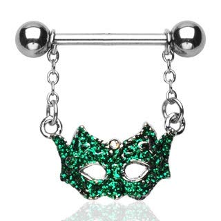 PiercedOff 16mm Nipple Bar with Green Masquerade Ball Mask Dangle