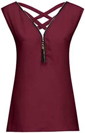 Hengshikeji Women Loose Sleeveless Tank Top Cross Back Hem Layed Zipper V-Neck T Shirts Tops Girls
