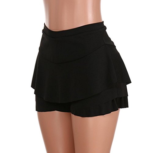 Women's Elastic Waist Casual A Line Layered Ruffled Frill Skorts High Waisted Mini Skirt Shorts (Black, M) - Thumbnail 3