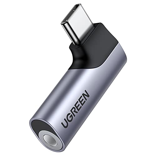 UGREEN USB C to 3.5 mm Jack 90 Degree Angle Adapter to Jack, Silver | Aux headphone adapter with DAC chip compatible with iPhone 17/17 air/17pro/17pro max, Galaxy S 25 series, iPad, Mac
