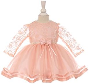 TheCoutureDresses-Elegant Long Sleeve Lace Baby Dress with Tulle Skirt, Blush L
