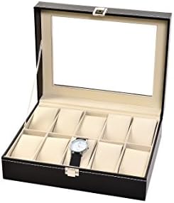 Popamazing Watch Box Large 6/10/12/20/24 Mens Black Leather Display Glass Top Jewelry Case Organizer (10 Slots)