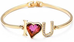 Dhieraj Jewels Women's Swarovski Elements Austria Crystal Rhinestone I Love U Heart Bangle Bracelet Gift For Valentine friend Wife Gold