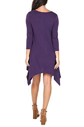 iliad USA P1136 Womens 3/4 Sleeve Hankerchief Hem Pockets Casual T-Shirt Dress Eggplant XL