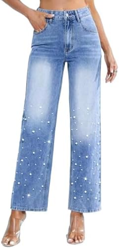 Ecirod Womens Embroidery Heart Cut Out Wide Leg Jeans Baggy High