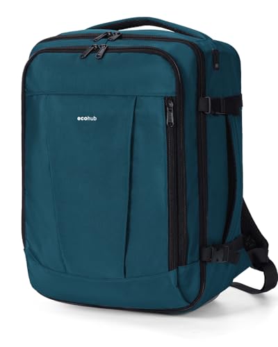 ECOHUB Ryanair Travel Backpack 40 x 30 x 20 cm, 13 Pockets Hand Luggage Under the Seat Handle Eco Friendly Airplane Bag in Recycled PET 24 Litres, Patented (Blue Green)