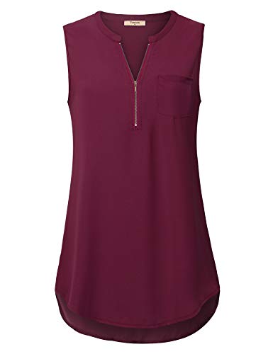 Timeson Summer Work Blouses for Women, Women's V Neck Sleeveless Tops Casual Business Chiffon Tank Tops Zipper Tunics Shirt for Summer Office Wear Dark Red Large