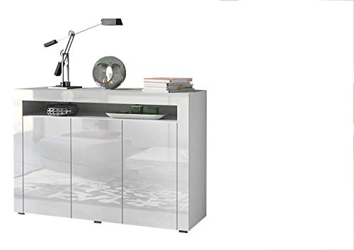 Concept Muebles CALIPSO Sideboard - All Side HIGH-Gloss Cupboard in Brilliant Arctic White Color (3-Doors)