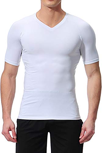 Lavento Men's Compression Shirts Cool Dry Short Sleeve Workout Slimming T Shirt (3 Pack-V Neck White,Large) - Thumbnail 4