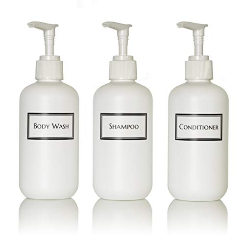 Artanis Home Silkscreened Empty Small Shower Bottle Set for Shampoo, Conditioner, and Body Wash, 8 oz 3-Pack, White (White Pumps) - Thumbnail 3