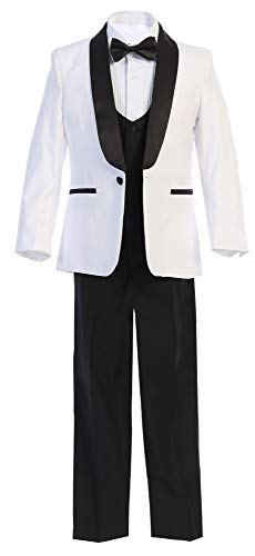 Boys Premium Paisley Patterned and Solid Shawl Lapel Tuxedos - Many Colors (2, White with Black Solid)