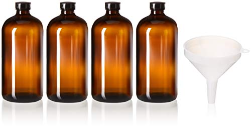 4 Pack - 32oz Boston Round Air Tight Seal Amber Glass Growler Kombucha Bottles- with Phenolic Poly Cone Insert Caps and Funnel for Secondary Kombucha Fermentation and Film Developing Bottles