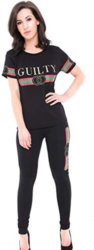 Womens Short Sleeve Guilty Print Tracksuit Ladies TOP & Bottom Loungewear Set
