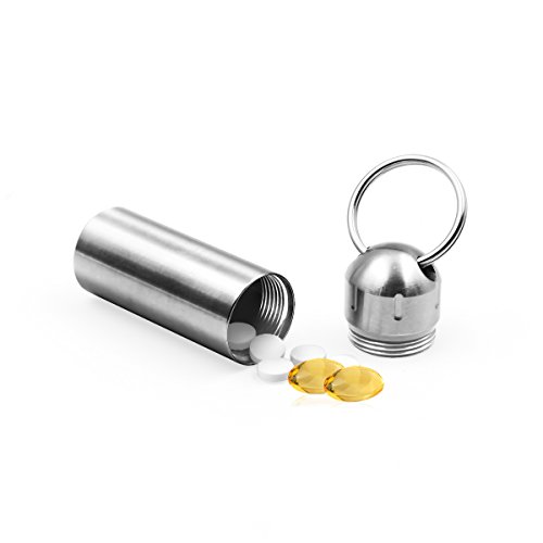 SHD Pill Box Keychain Waterproof Single Chamber Stainless Steel Pill Organizer for Outdoor Travel Camping