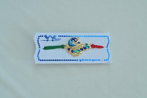 Fancy rakhi with thread, gold diamonds and Colourful stones in peacock design ED10511