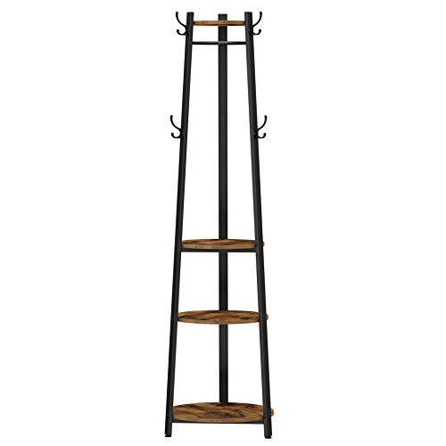 VASAGLE Coat Rack, Coat Stand with 6 Hooks, 3 Round Shelves, Steel