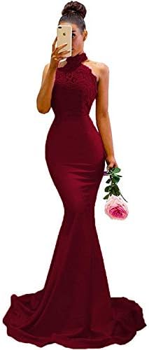 Sulidi Women's Mermaid Prom Bridesmaid Dresses Lace Halter Wedding Party Evening Gowns C053
